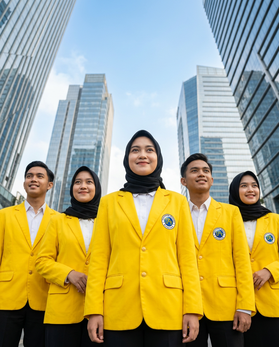 Mahasiswa Politeknik Praktisi Bandung dalam jas almamater kuning